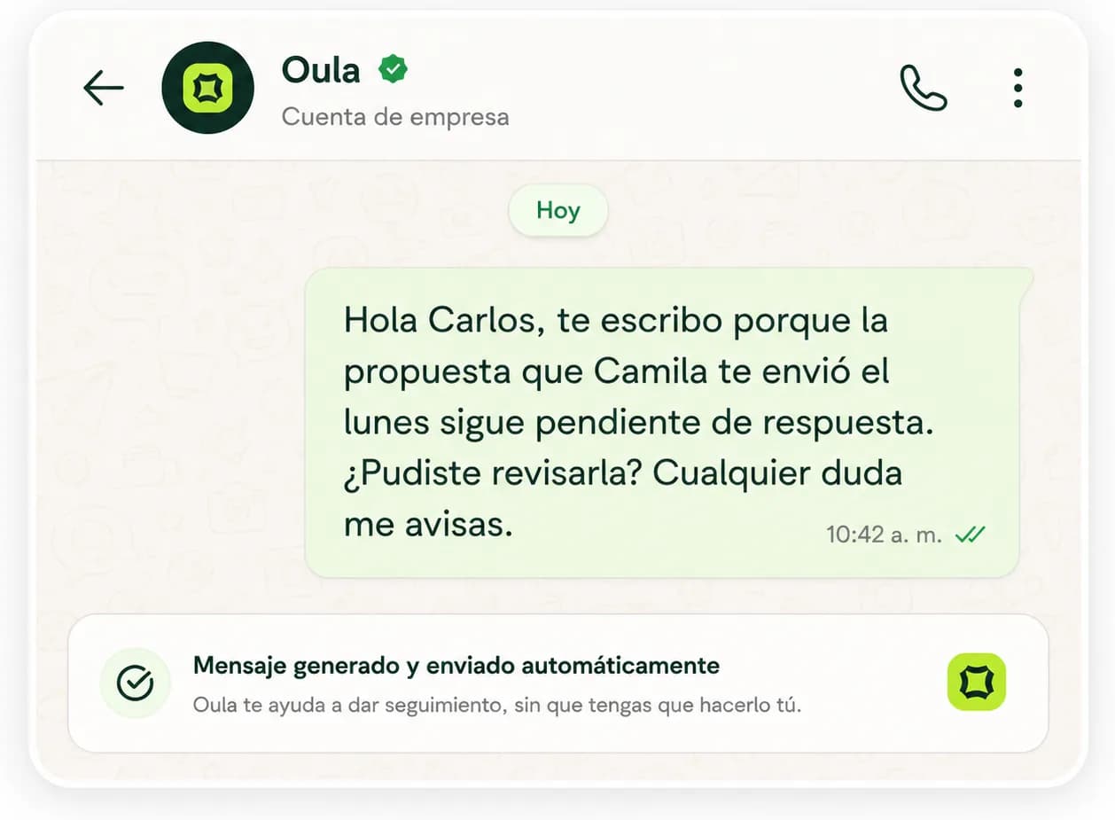 Oula escribiendo por WhatsApp el recordatorio de una propuesta pendiente
